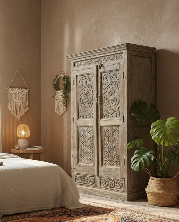 Armario antiguo tachuelas de latón talladas a mano lavadas en arena armario de madera rústica 72x39 Foto 1 de 4