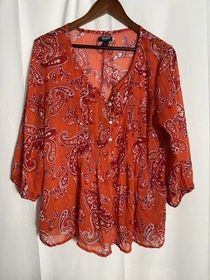 Antigua Blusa Azul Marino Rojo Cachemira Boho Chifón Transparente Campesina Playa Mangas Grande Foto 1 de 4