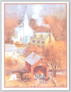 Blank Greeting Card George Shedd Autumn Small Town Scene Church Covered Bridge - Picture 1 of 2