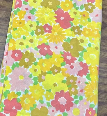 Sábana plana doble completa vintage Dan remache retro años 70 Flower Power rosa amarillo Foto 1 de 4