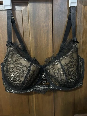Cacique Underwire Black Lace Overlay Bra Size 40F with Bows and Metal Details - Image 1 of 4
