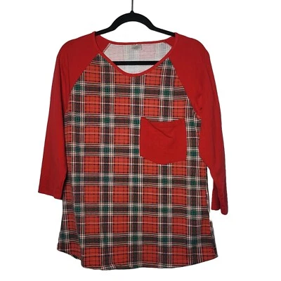 Женщин красный зеленый клетку оборкой рукав блузка размер 9/12 (большой) праздник Рождество - Изображение 1 из 4