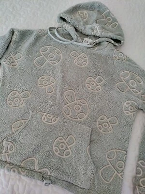 Cropped Sage Green Fleece Hoodie With Burnout Mushrooms All Over Print XS Soft - Image 1 of 4