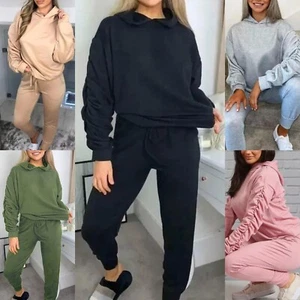 Womens Ruched Sleeve Hoodie Top Suit Set Ladies Drawstring Bottom Lounge Tracksu - Picture 1 of 31