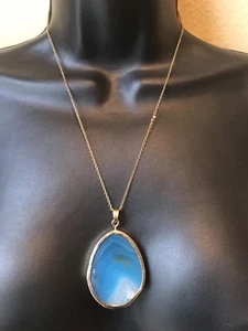 Rare Natural Teal Agate Slice Druzy Quartz Drusy Stone Pendant Gold Necklace NEW - Picture 1 of 8