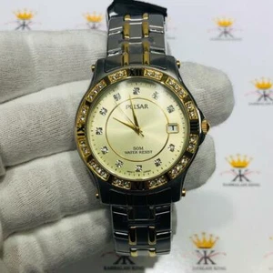 Pulsar Two Tone Gold Stainless Steel Round Crystal Dial Quartz Men's Watch Gift - Picture 1 of 9