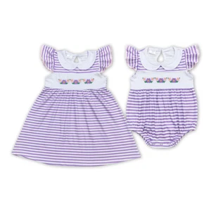 Baby Girls Sister Boutique Summer Dress Embroidery Flower Purple Striped - Picture 1 of 20