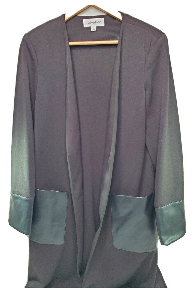 Cardigã Calvin Klein Feminino Frente Aberta Longo Tamanho 12 Xale Suéter Couro Preto - Imagem 1 de 4