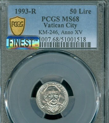 1993 R VATICAN CITY 50 LIRE POPE JOHN PAUL II ANO XV PCGS MS68 MAC FINEEST - Image 1 of 2