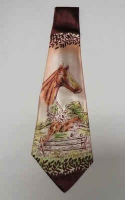 Corbata vintage de los años 40 pintada a mano carreras de caballos diseño jockey corbata 4,25" X 48,5" Foto 1 de 4