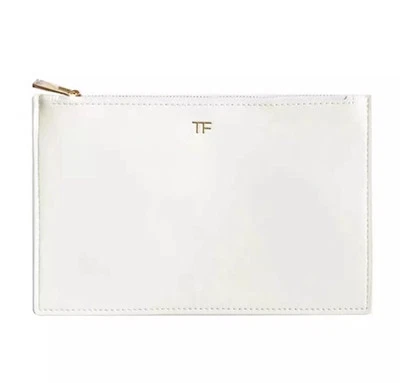 Bolso de Cosméticos de Maquillaje con Cremallera Plana de Cuero Blanco TOM FORD Bolso NUEVO Dorado Logo TF Foto 1 de 2