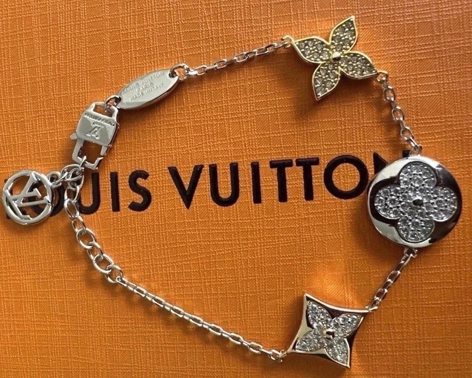 LOUIS VUITTON LV Iconic Silver Bracelet W Gold & Rose Logo clover Blooms GUC BOX - Image 1 of 4