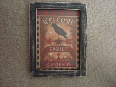 Primitive Country Print **CROW--WELCOME** hand made black frame 8 1/2" x 11 1/2" - Image 1 of 3