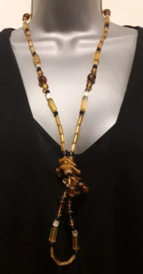 Vintage Deco Czech Glass Honey Amber Glass & White Atlas Glass Opera Necklace - Image 1 of 4