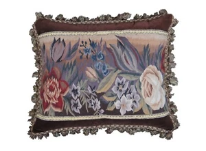 Down Filled  Floral Embroidered Brown Velvet Tassel Lumbar Throw Pillow 22" - Picture 1 of 9