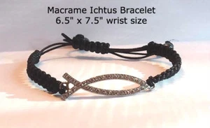 Ichtus Bracelet, Macrame Adjustable, w/ Cubic Zirconias 6.5" to 7.5" Wrist - Picture 1 of 2