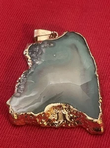 Green Slice Geode Agate Pendant Gold Plated Setting-Handmade (1) - Picture 1 of 7