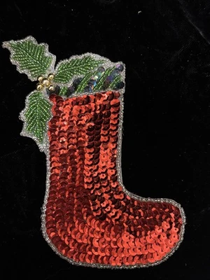 Medias de Navidad vintage con cuentas de lentejuelas 5" apliques ROJO verde acebo prendedor para coser Foto 1 de 2
