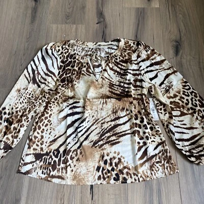 NEW Sunny Leigh Amara Blouse Size Large Neutral Animal Print Tie Neck Satin Top - Image 1 of 4