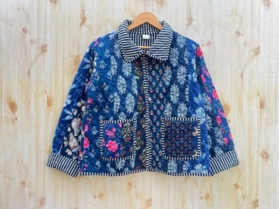 Chaqueta unisex acolchada de algodón azul retazos floral para mujer chaquetas con cuello EE. UU. Foto 1 de 4