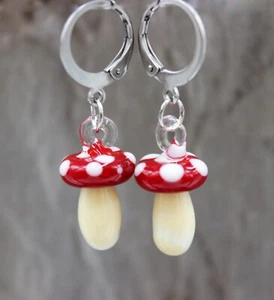 Earrings drop earrings lampwork mushrooms toadstool autumn beads stainless steel women #c055 - Picture 1 of 5