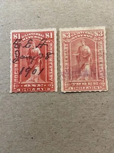Us Revenue Documentary stamp scott # r182-r183-$1 &$3-issue of 1900-Used SCV $60 - Picture 1 of 2