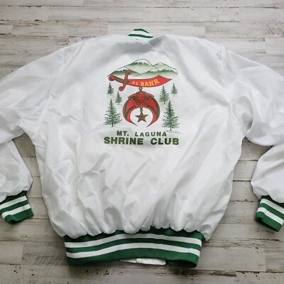 Chaqueta de satén Shriners de colección AL BAHR MT. LAGUNA SHRINE CLUB LG Hecho en EE. UU. Verde/Blanco Foto 1 de 4