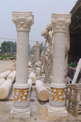 MASSIVE PAIR OF HAND CARVED MARBLE ESTATE FLORAL COLUMNS - MC32 Cover