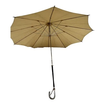 VICTORIAN STERLING HANDLE PARASOL  ANTIQUE YELLOW BLACK LACQUERED WOOD UMBRELLA - Image 1 of 4