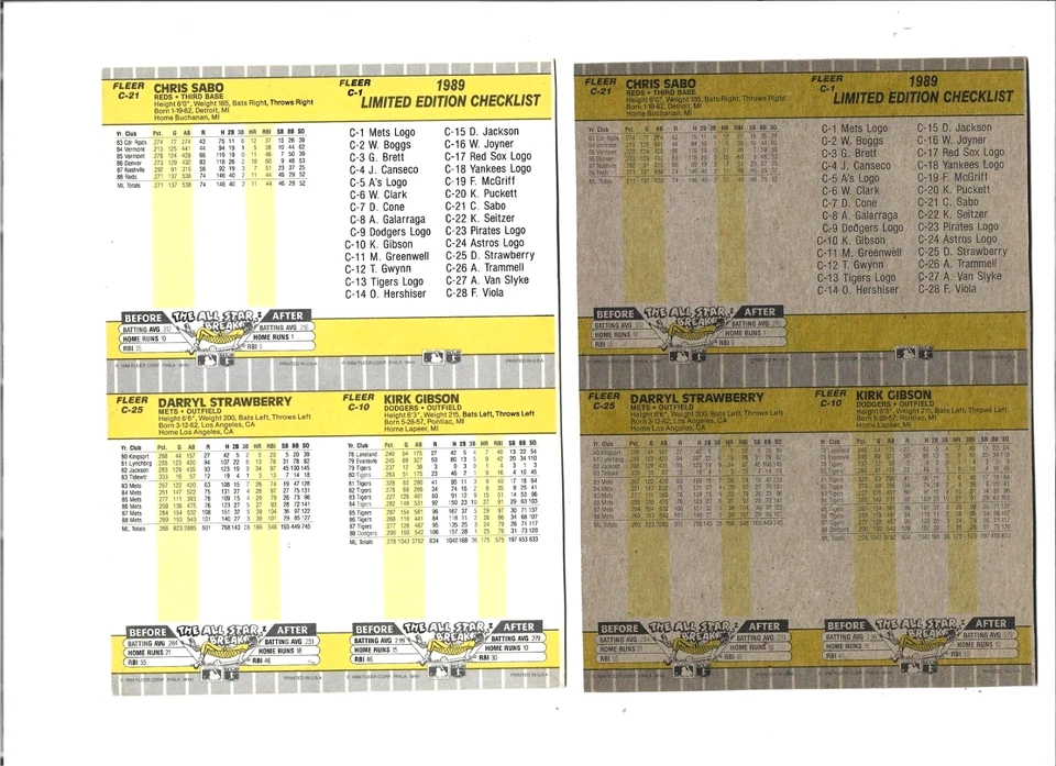 1989 Fleer Box Bottoms White & Gray Back VARIATION Full Panels Strawberry Gibson - Image 1 of 2
