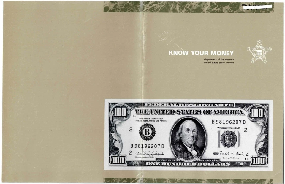 Folleto Conozca su dinero Departamento del Tesoro de los Estados Unidos Servicio Secreto 1991 Información de fotos de colección Foto 1 de 4