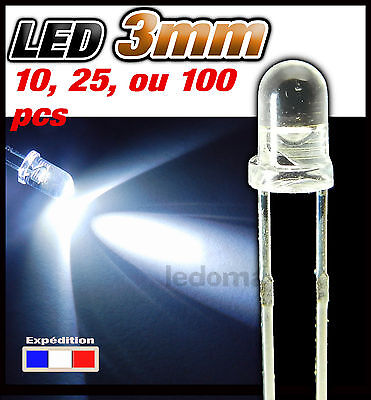 217# LED 3mm Ronde Blanc Froid  - Dispo 10, 25 Ou 100pcs - Cool White • 1.30€