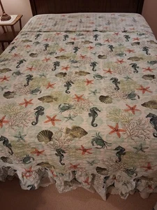 Beachy Coastal SEERSUCKER Ruffled AQUA Starfish Coral PAKISTAN BEDSPREAD QUEEN - Picture 1 of 10