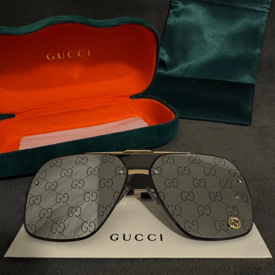 Gucci GG1676S Gold Aviator Sunglasses Silver Mirror Monogram Lens 61mm - Image 1 of 4