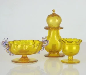 EARLY 3 PIECE SMALL YELLOW VENETIAN GLASS SALT GROUPING - EARLY VENETIAN GLASS - Picture 1 of 20