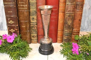 Antique English Trophy Silver Plated Trumpet Vase Beaded Floral Engraving - Picture 1 of 7