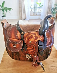 Horse Illustrated Brown Leather Handbag For Women - Picture 1 of 17