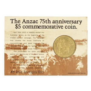 1990 Royal Australian Mint ANZAC $5 Five Dollar Uncirculated Carded Coin D7-1205 - Picture 1 of 1