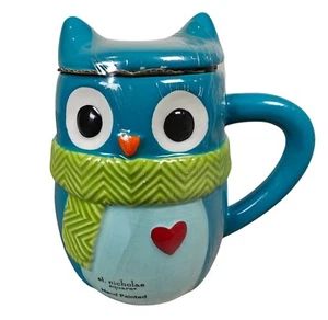 Tazza gufo San Nicola quadrata dipinta a mano con coperchio 16 oz ceramica blu con verde S - Foto 1 di 8