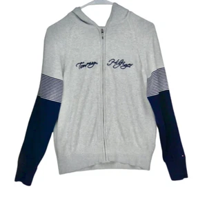 Tommy Hilfiger Women Cardigan Full Zip Hood Sweater L Spellout Colorblock preppy - Picture 1 of 8