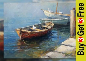 Vintage Wooden Boat Artwork 5"x7" Print on Matte Paper | Blue Nautical Marine - Picture 1 of 17