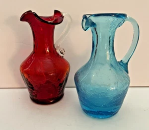 Vintage Hand Blown American Crackle Glass Small Vase/Pitcher Red & Blue Lot of 2 - Picture 1 of 22