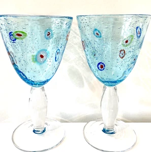 Artland Turquoise Blue Melifiore 14 Oz Set Of 2 Hand Blown Glasses 7.5” Tall - Picture 1 of 9