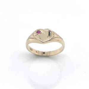 Solid 9ct Yellow Gold Heart Shape Childs Signet Ring with a Red Stone Size H New - Picture 1 of 6