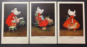 Mädchen in Hauben machen Hausarbeit Dienstag, Mittwoch und Samstag 3 Stück 1905 - Bild 1 von 2