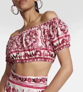 DOLCE & GABBANA Sicily Red fuchsia Maiolica Cropped Top Off Shoulder 42IT UK10 M - Picture 1 of 6