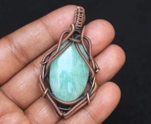 Gift Copper Pendant Green Amazonite Gemstone Wire Wrap Jewelry Oxidize N431 - Picture 1 of 10