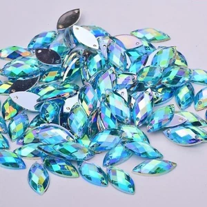 AQUA AB ACRYL PFERDEAUGE SILBER FLATBACK 2 LOCH EDELSTEINE ZUM AUFNÄHEN - 100 STÜCK 7 MM x 15 MM - Bild 1 von 3