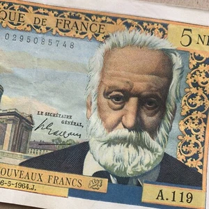 Victor Hugo France 5 Nouveaux Francs 1964 RARE BANKNOTE Currency Paper Money - Picture 1 of 5