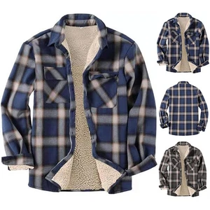 Casual Mens Fleece Jacket Sherpa Lined Zip Up Buffalo Plaid Flannel Coat New - Picture 1 of 8